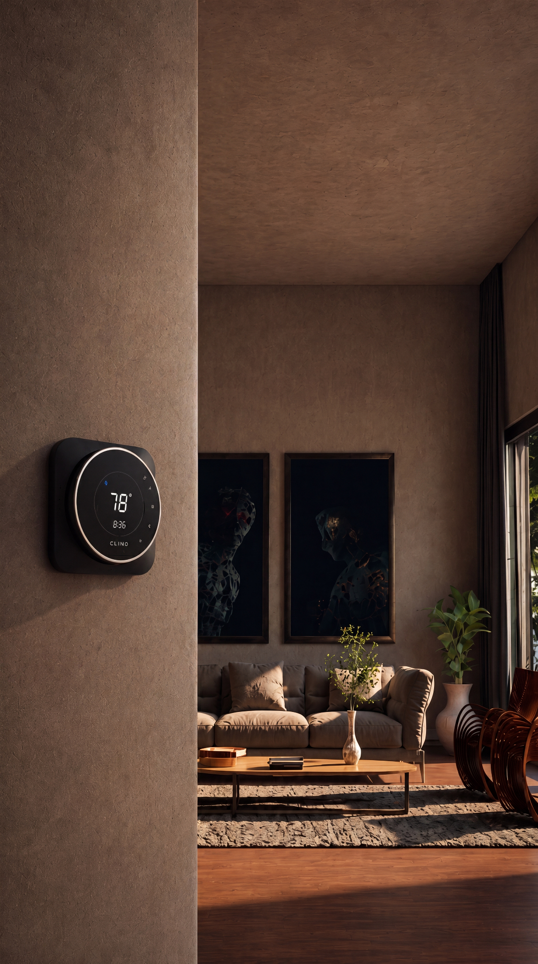 CLIMO Leaf Wi-Fi Smart Thermostat mounted in a warm, modern living room