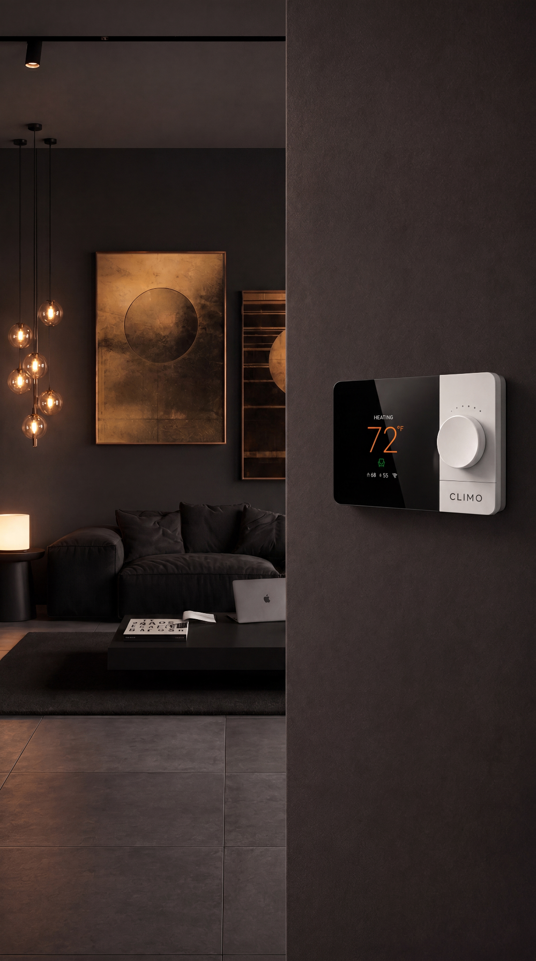 CLIMO Flow Wi-Fi Smart Thermostat mounted in a modern dark living room