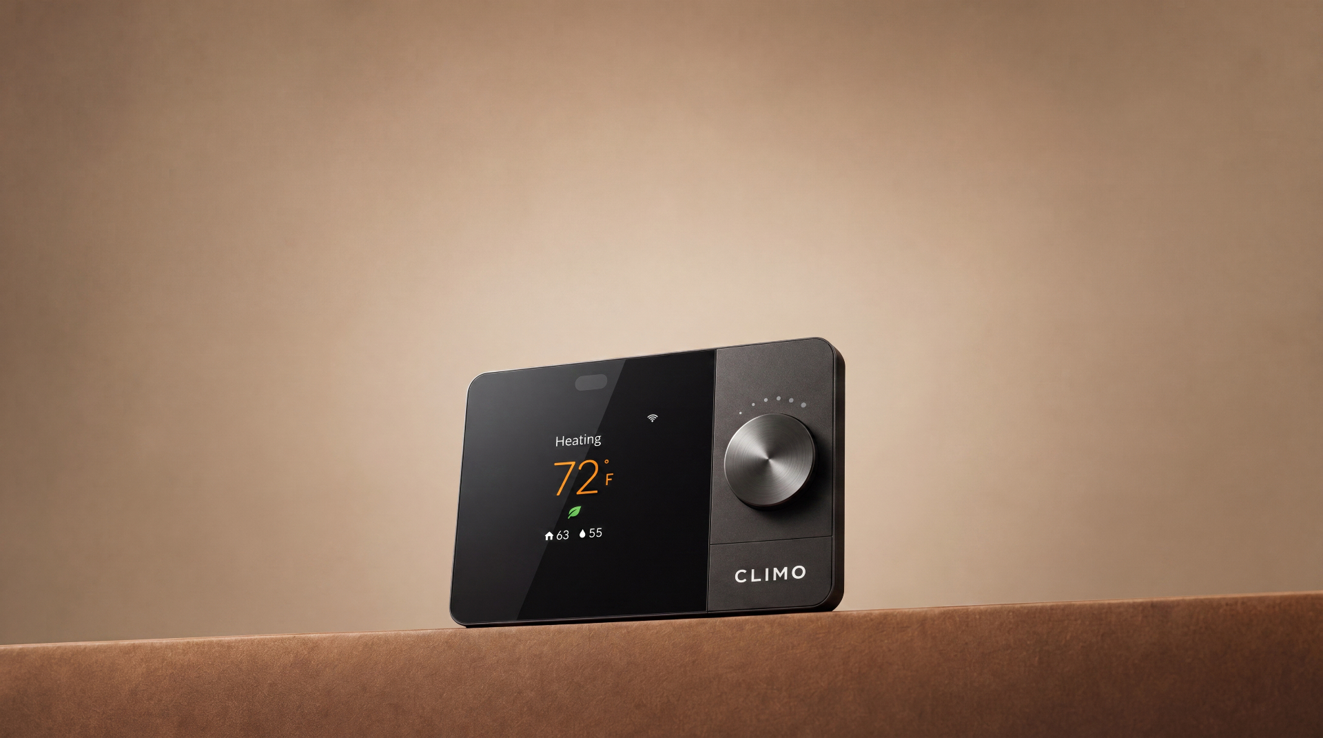 CLIMO smart thermostat displaying 72°F heating