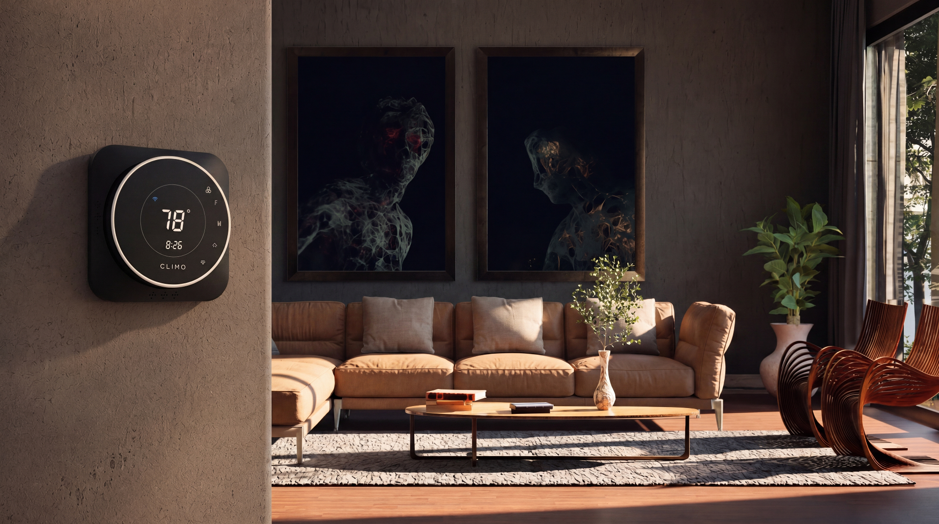CLIMO Leaf Wi-Fi Smart Thermostat mounted in a warm, modern living room