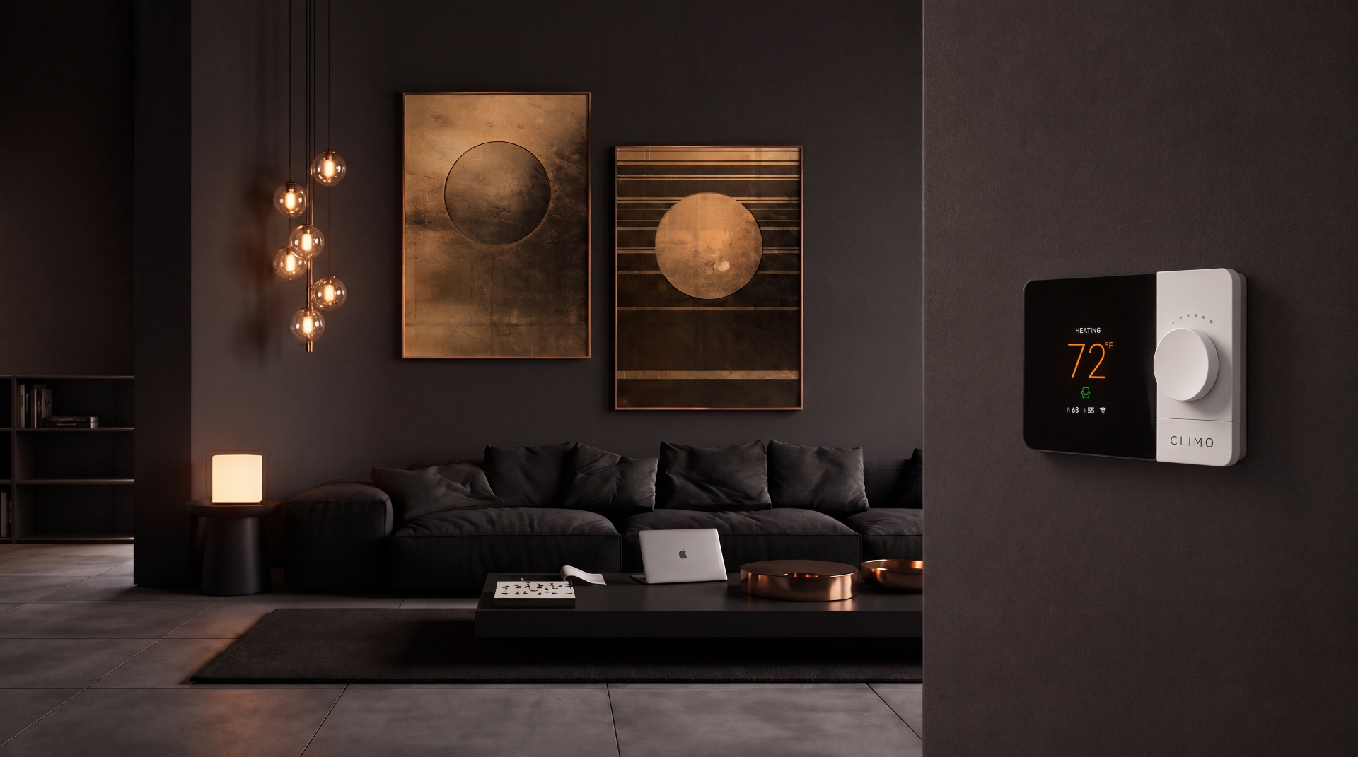 CLIMO Flow Wi-Fi Smart Thermostat mounted in a modern dark living room