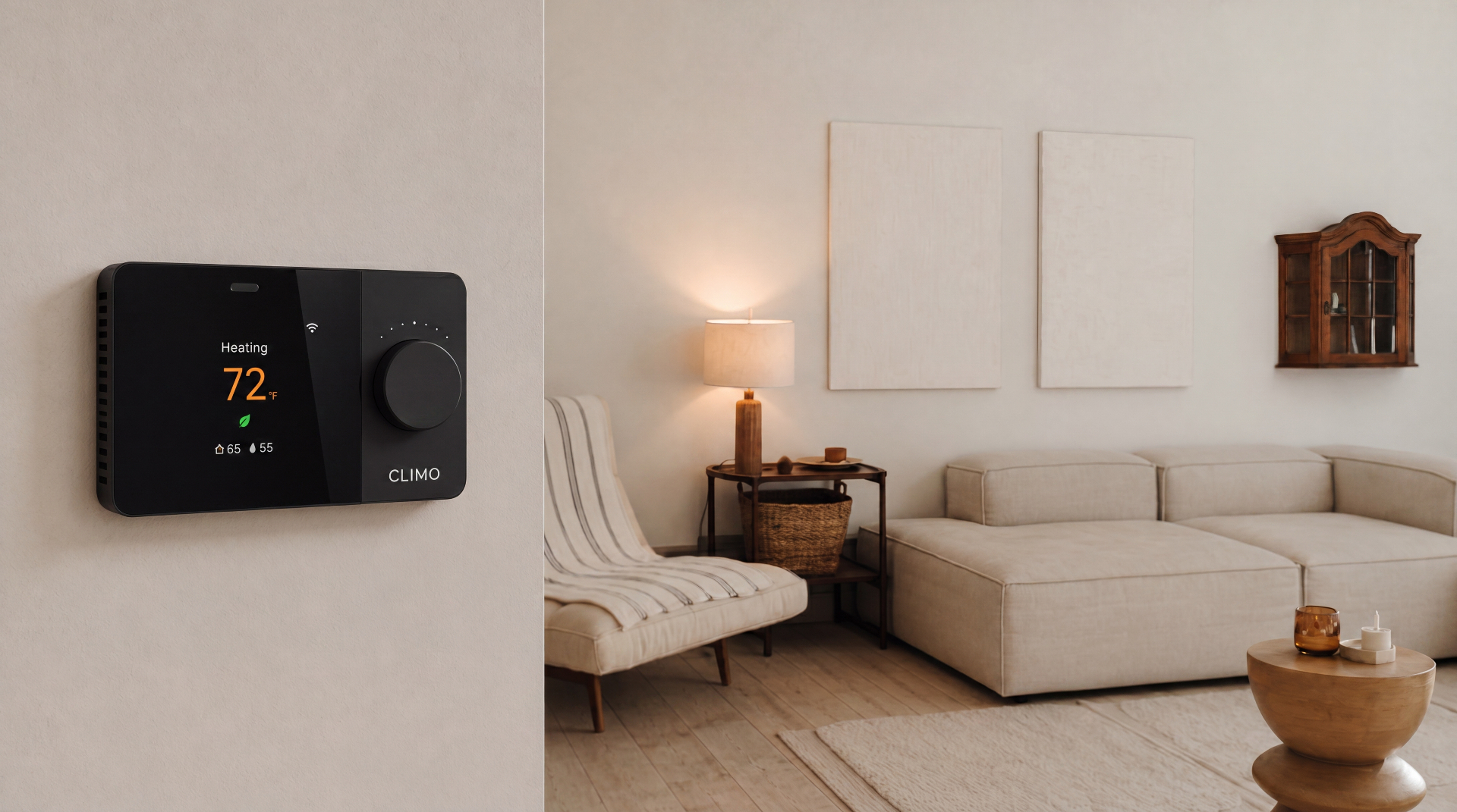 CLIMO Flow Wi-Fi Smart Thermostat mounted in a warm, minimalist living room